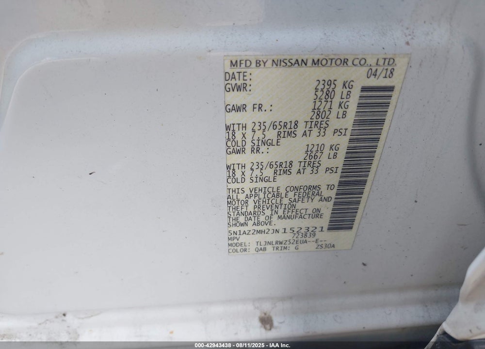 2018 NISSAN MURANO VIN: 5N1AZ2MH2JN152321