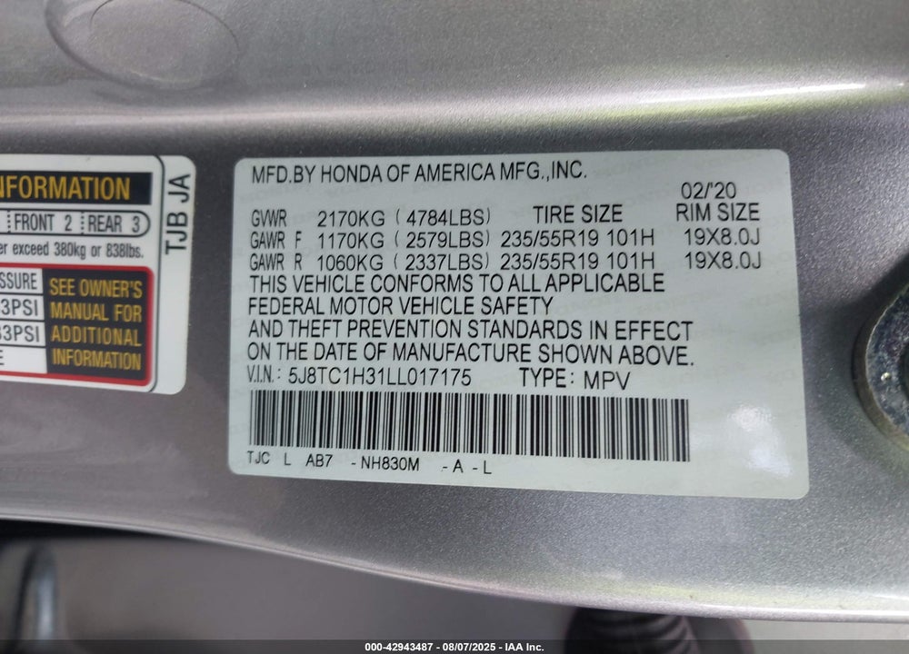 2020 ACURA RDX VIN: 5J8TC1H31LL017175