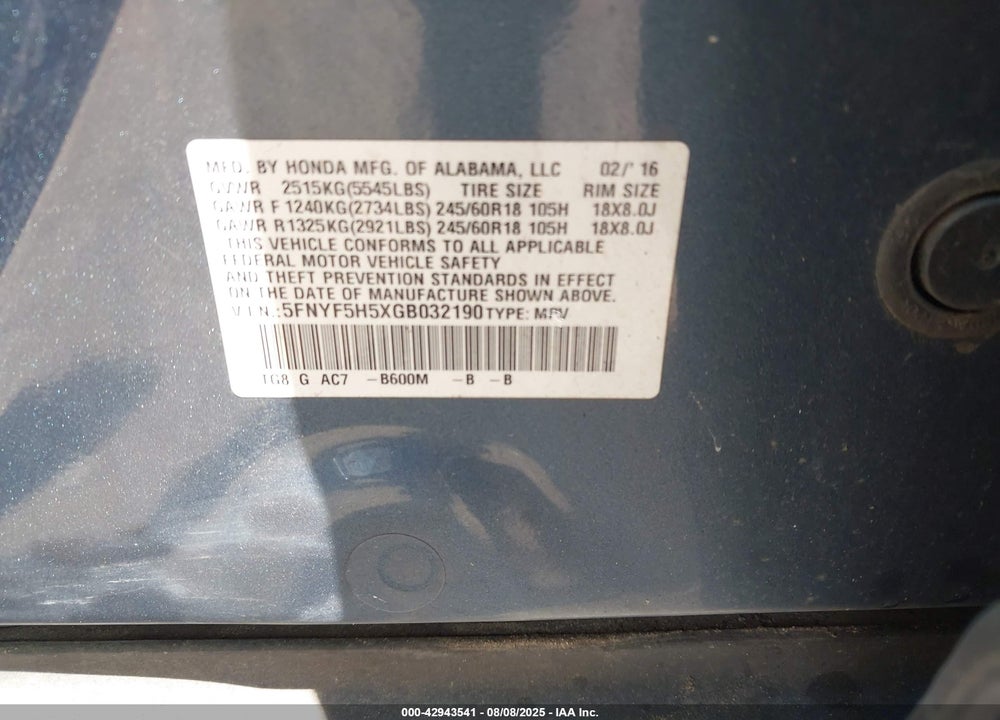 2016 HONDA PILOT VIN: 5FNYF5H5XGB032190