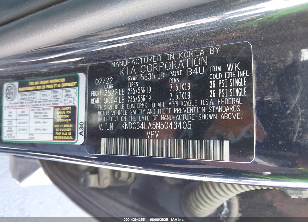 2022 KIA EV6 WIND VIN: KNDC34LA5N5043405
