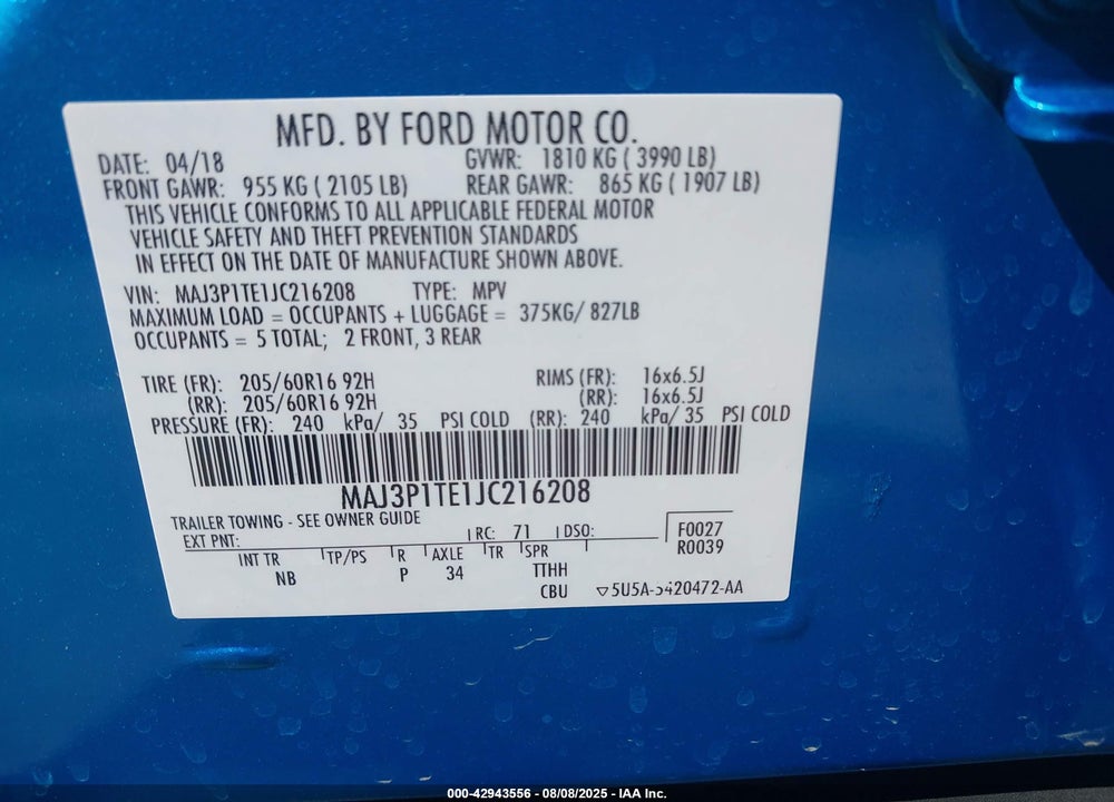2018 FORD ECOSPORT VIN: MAJ3P1TE1JC216208