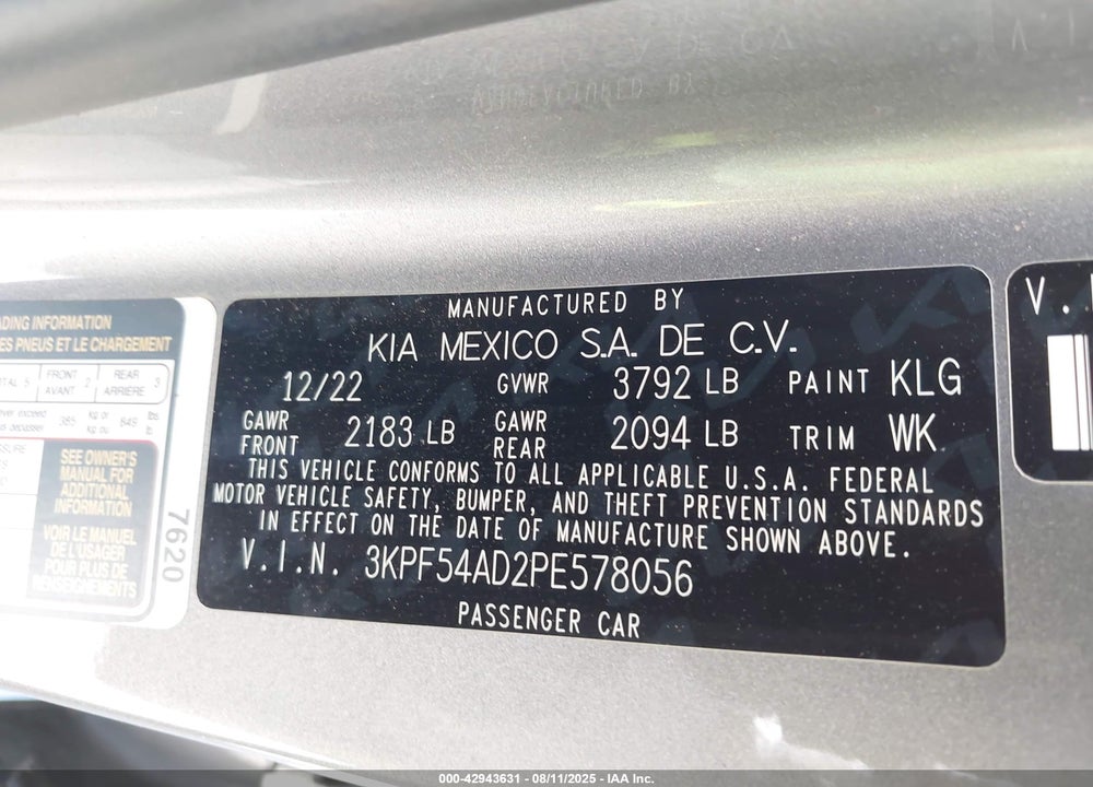 2023 KIA FORTE GT LINE VIN: 3KPF54AD2PE578056