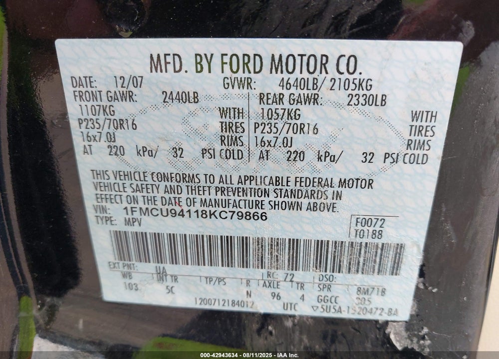 2008 FORD ESCAPE LIMITED VIN: 1FMCU94118KC79866