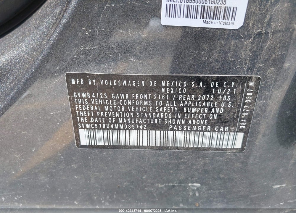 2021 VOLKSWAGEN JETTA VIN: 3VWC57BU4MM089742