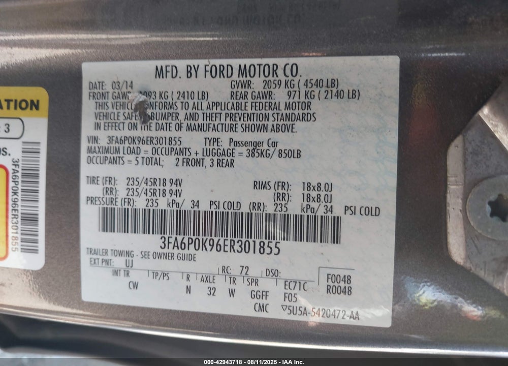 2014 FORD FUSION VIN: 3FA6P0K96ER301855