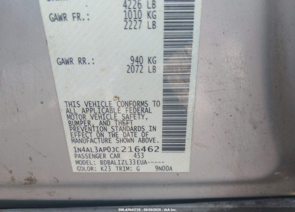 2018 NISSAN ALTIMA VIN: 1N4AL3AP0JC216462
