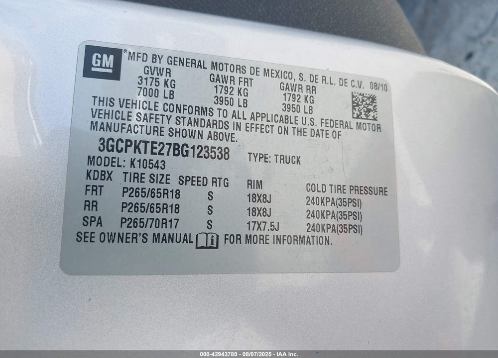 2011 CHEVROLET SILVERADO 1500 VIN: 3GCPKTE27BG123538