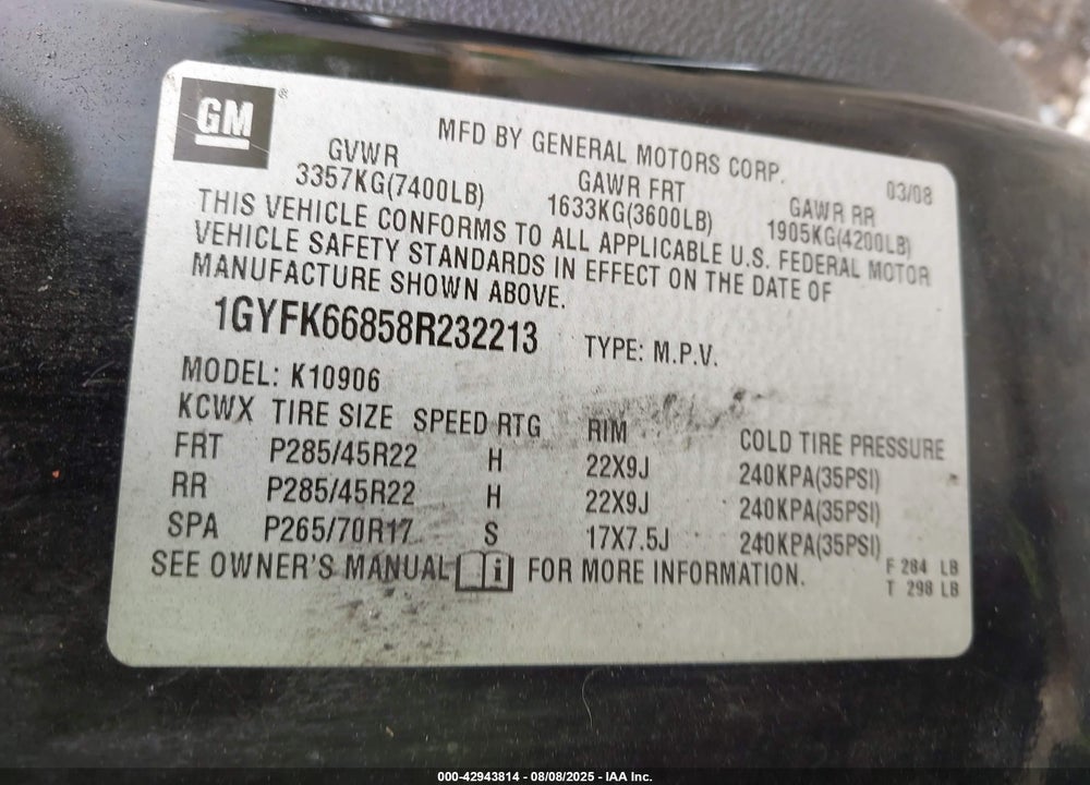 2008 CADILLAC ESCALADE ESV STANDARD VIN: 1GYFK66858R232213