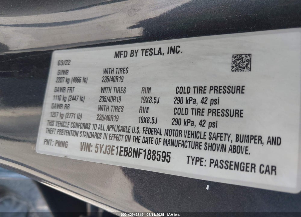 2022 TESLA MODEL 3 VIN: 5YJ3E1EB8NF188595