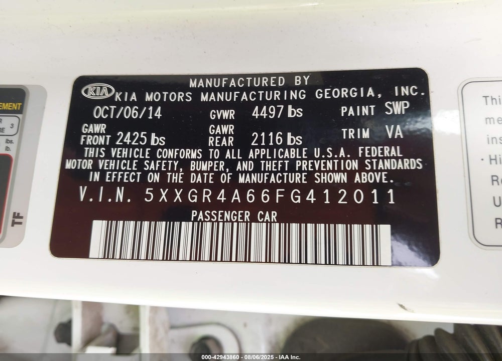 2015 KIA OPTIMA VIN: 5XXGR4A66FG412011