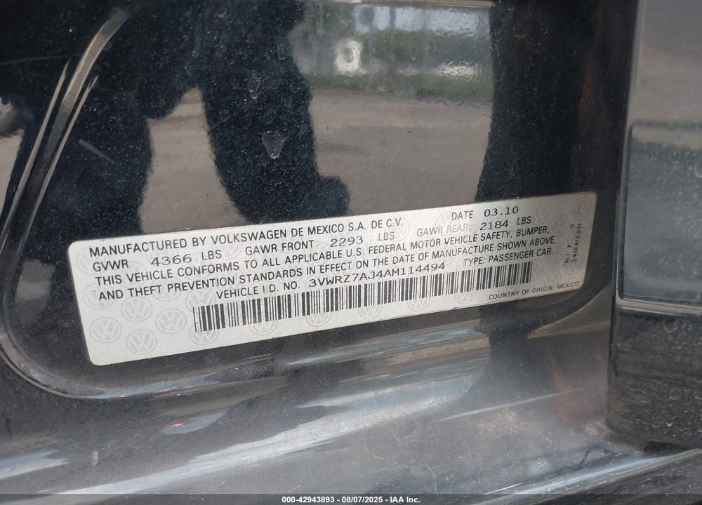 2010 VOLKSWAGEN JETTA VIN: 3VWRZ7AJ4AM114494