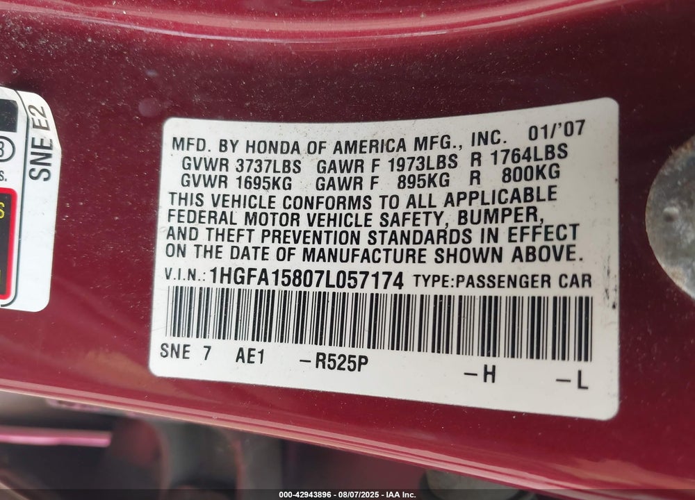 2007 HONDA CIVIC VIN: 1HGFA15807L057174