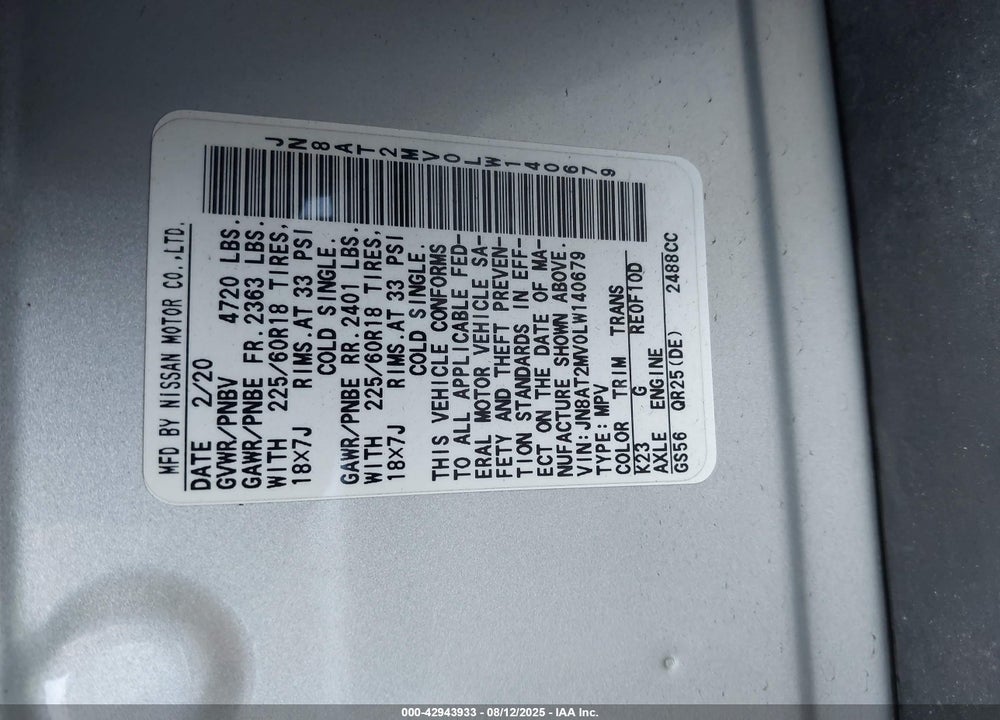 2020 NISSAN ROGUE VIN: JN8AT2MV0LW140679