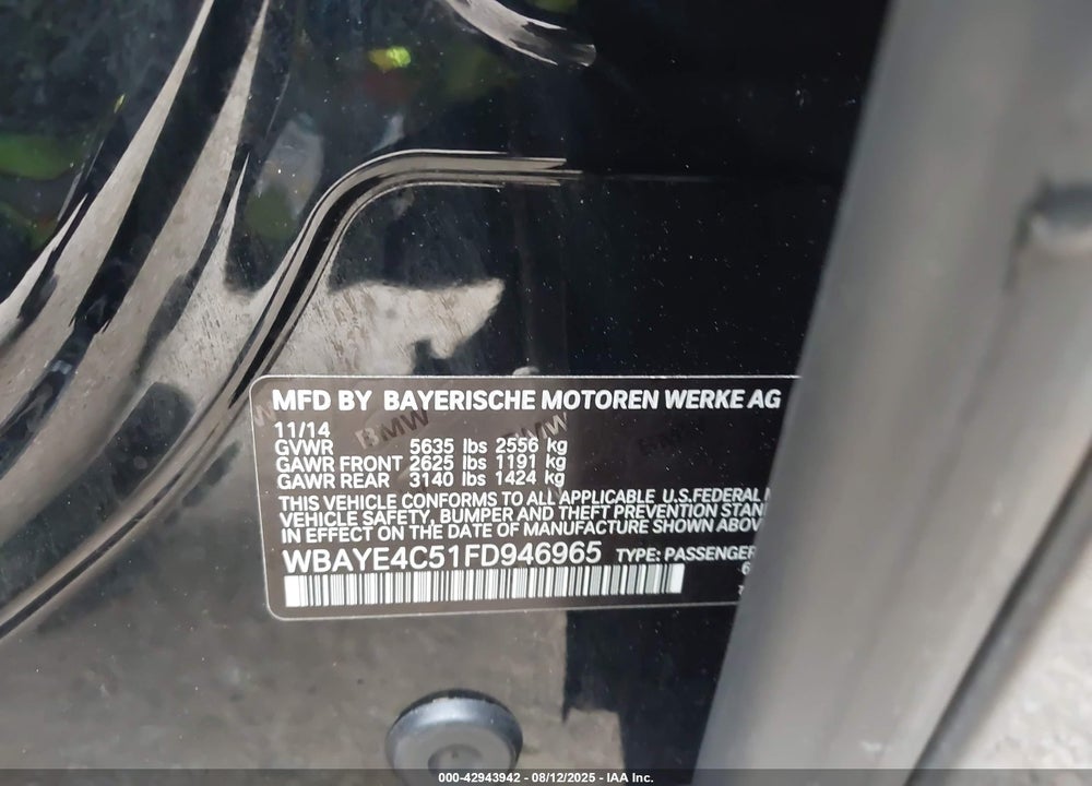 2015 BMW 740LI VIN: WBAYE4C51FD946965