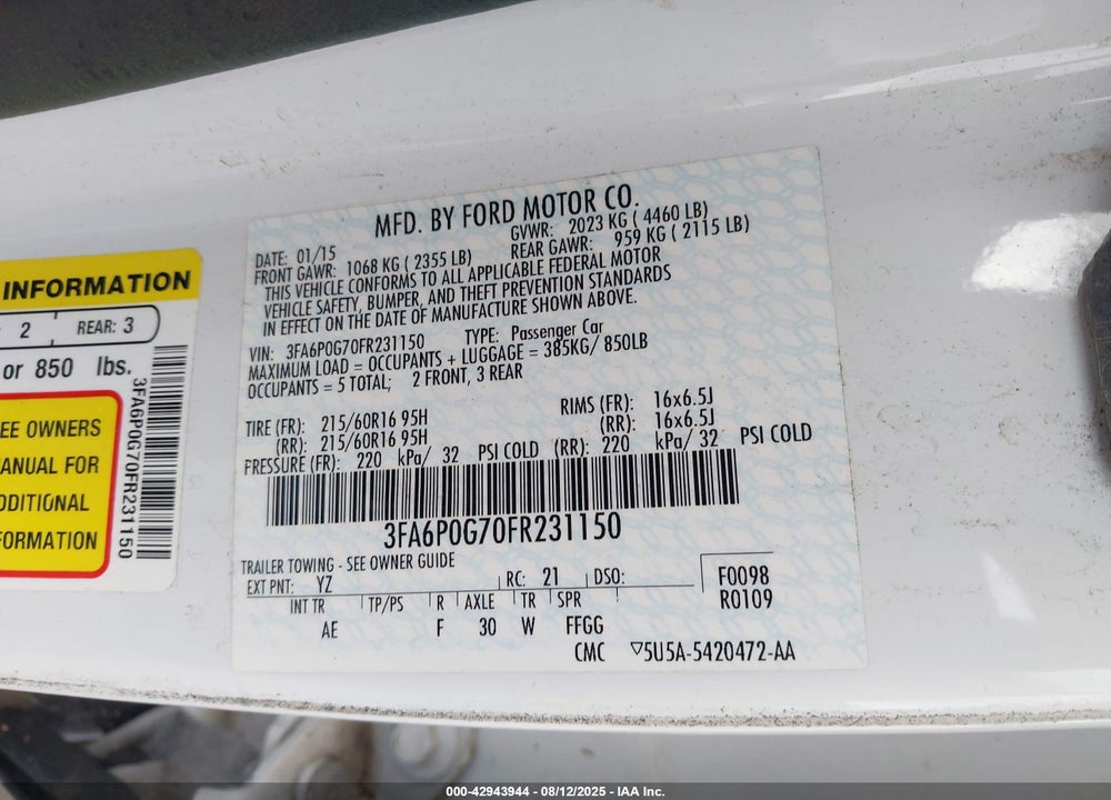 2015 FORD FUSION VIN: 3FA6P0G70FR231150