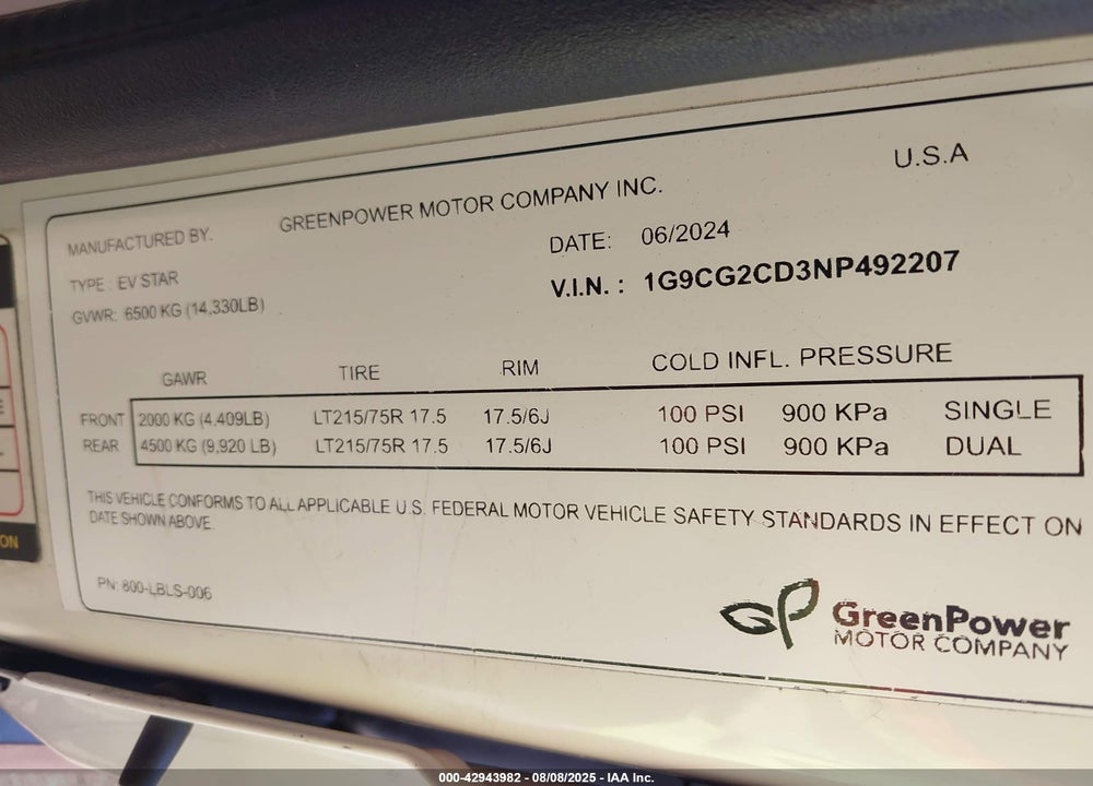 2022 GREENPOWER MOTORS EVC210 VIN: 1G9CG2CD3NP492207