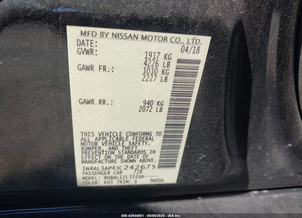 2018 NISSAN ALTIMA VIN: 1N4AL3AP4JC242675