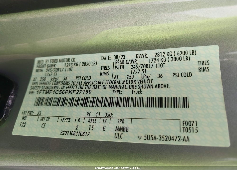 2023 FORD F-150 VIN: 1FTMF1C56PKF27150