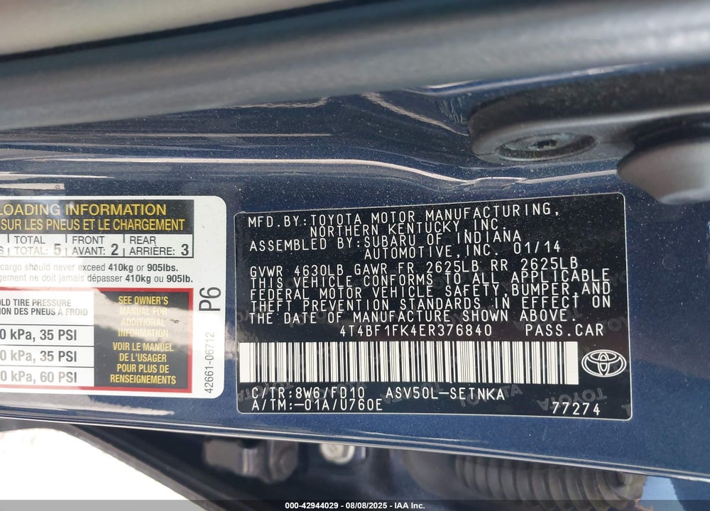 2014 TOYOTA CAMRY VIN: 4T4BF1FK4ER376840
