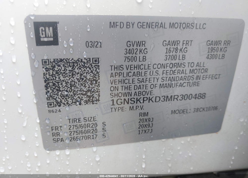 2021 CHEVROLET TAHOE VIN: 1GNSKPKD3MR300488