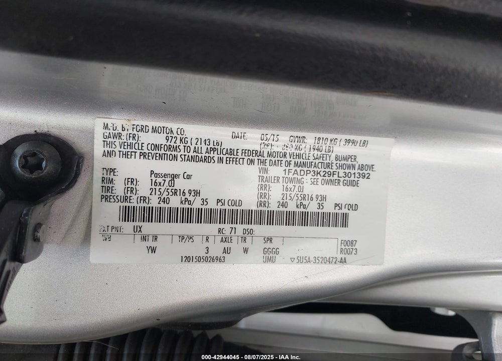 2015 FORD FOCUS VIN: 1FADP3K29FL301392