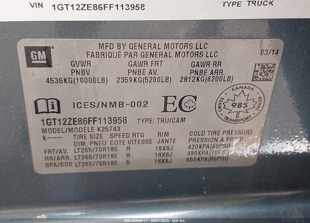2015 GMC SIERRA VIN: 1GT12ZE86FF113958