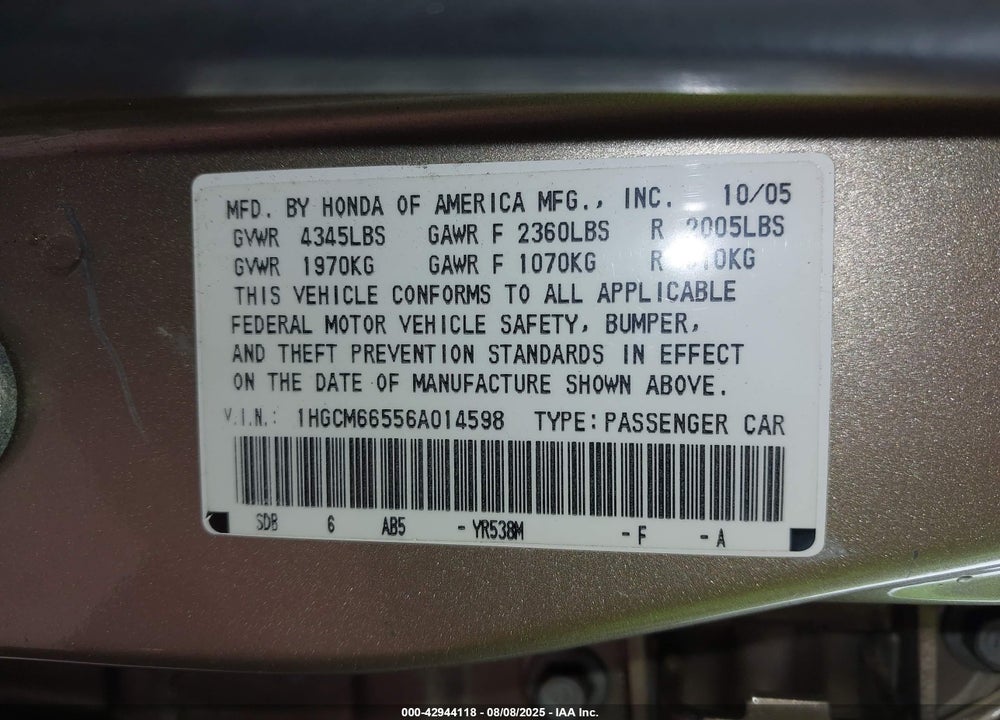 2006 HONDA ACCORD 3.0 EX VIN: 1HGCM66556A014598