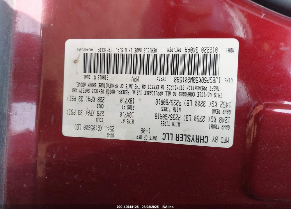 2008 JEEP LIBERTY LIMITED EDITION VIN: 1J8GP58K58W201598