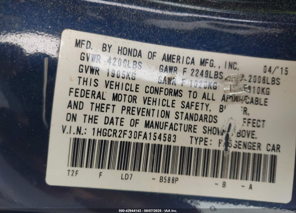 2015 HONDA ACCORD LX VIN: 1HGCR2F30FA154583