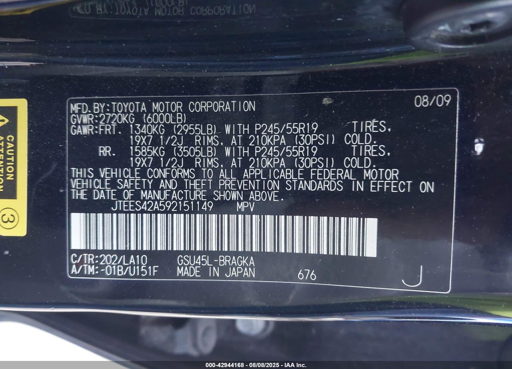 2009 TOYOTA HIGHLANDER VIN: JTEES42A592151149