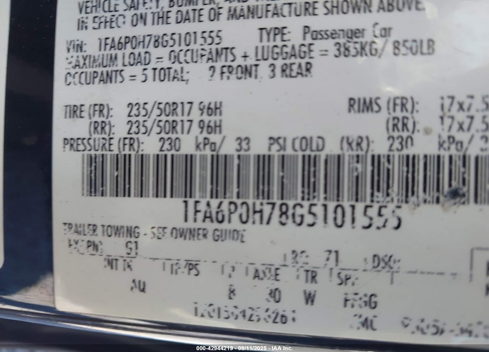2016 FORD FUSION VIN: 1FA6P0H78G5101555
