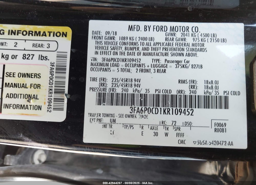 2019 FORD FUSION VIN: 3FA6P0CD1KR109452