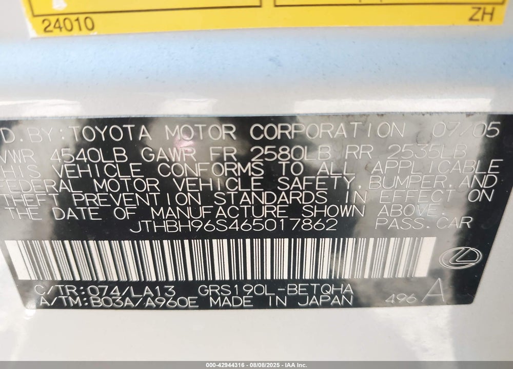 2006 LEXUS GS 300 VIN: JTHBH96S465017862