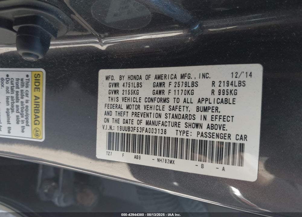 2015 ACURA TLX VIN: 19UUB3F53FA003138