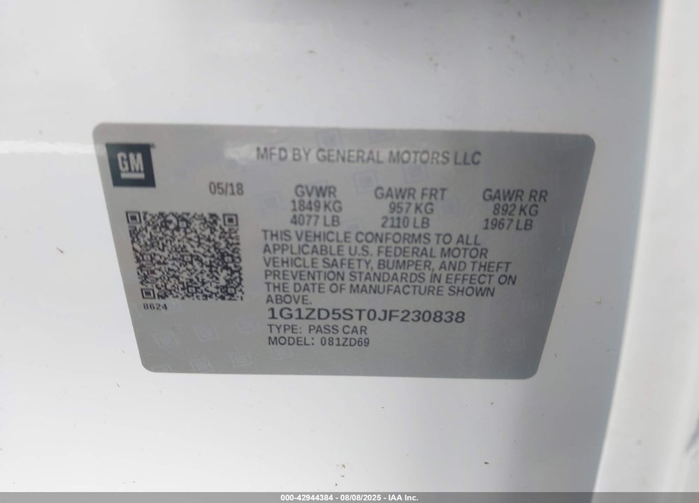 2018 CHEVROLET MALIBU LT VIN: 1G1ZD5ST0JF230838