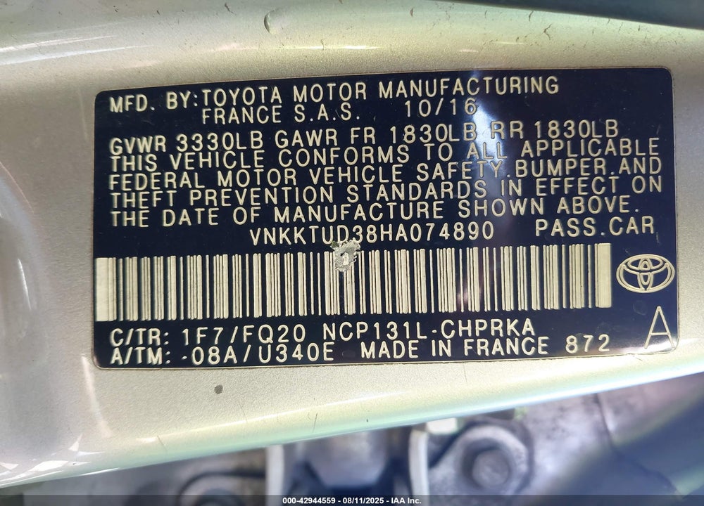 2017 TOYOTA YARIS VIN: VNKKTUD38HA074890
