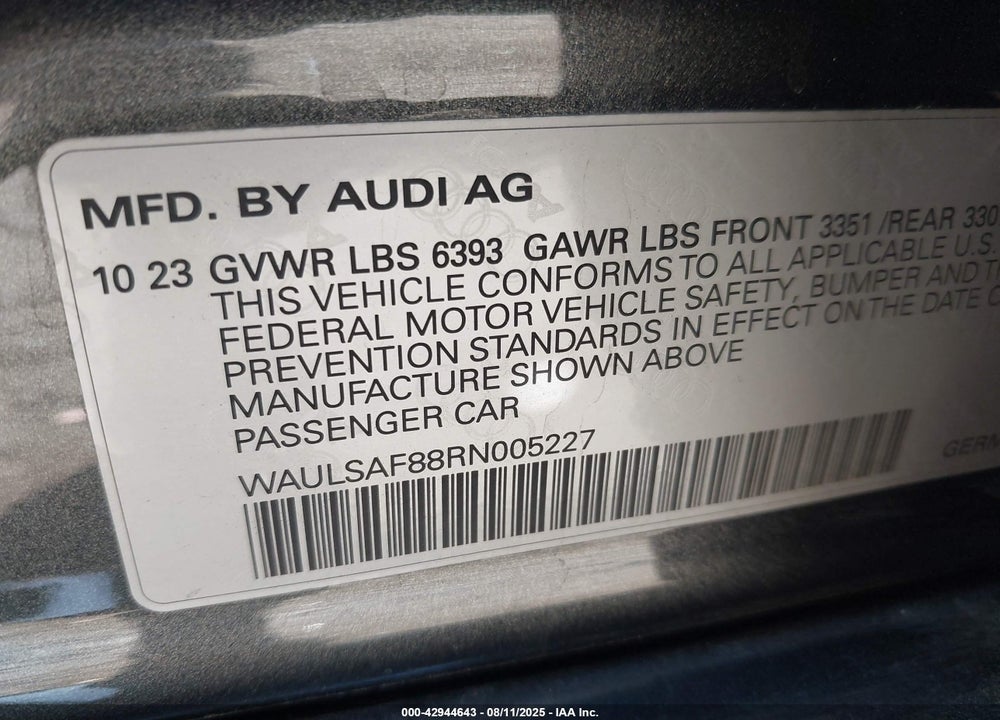 2024 AUDI S8 TFSI QUATTRO TIPTRONIC VIN: WAULSAF88RN005227