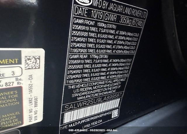2020 LAND ROVER RANGE ROVER SPORT VIN: SALWR2SU9LA899587