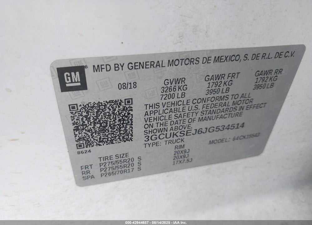 2018 CHEVROLET SILVERADO 1500 VIN: 3GCUKSEJ6JG534514