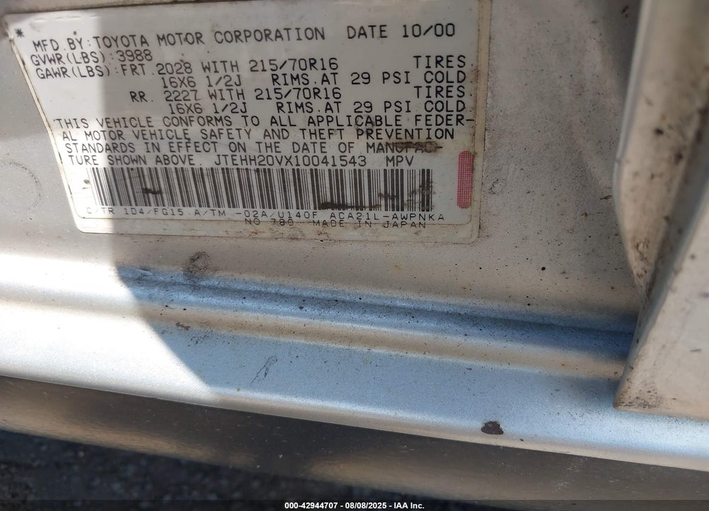 2001 TOYOTA RAV4 VIN: JTEHH20VX10041543