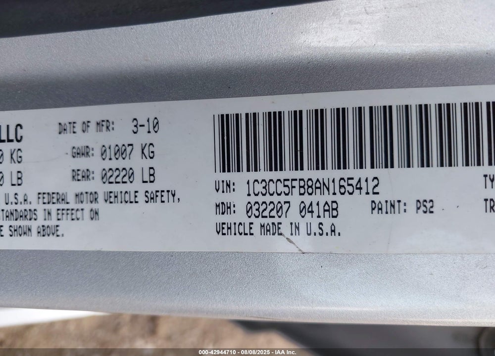 2010 CHRYSLER SEBRING VIN: 1C3CC5FB8AN165412