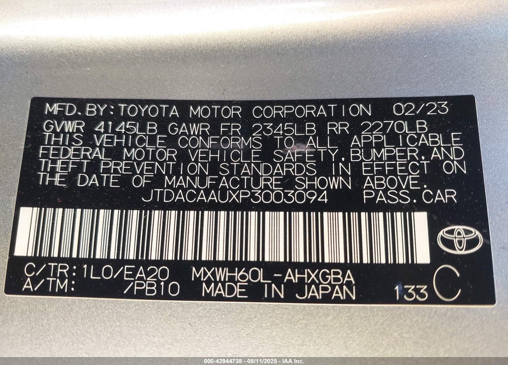 2023 TOYOTA PRIUS VIN: JTDACAAUXP3003094