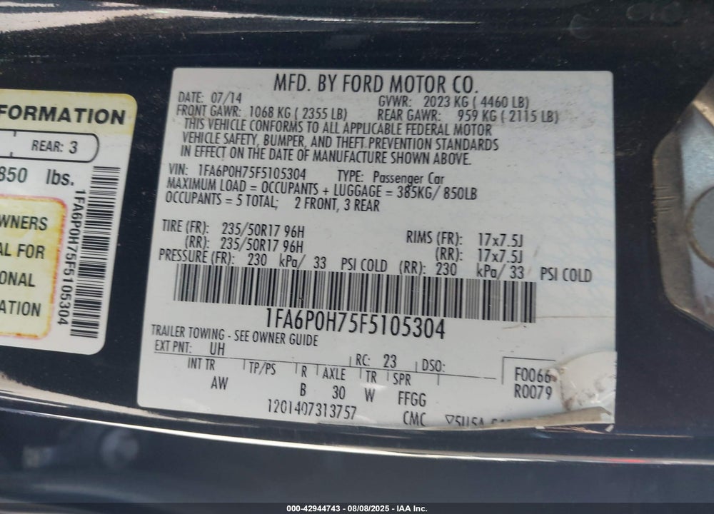 2015 FORD FUSION VIN: 1FA6P0H75F5105304
