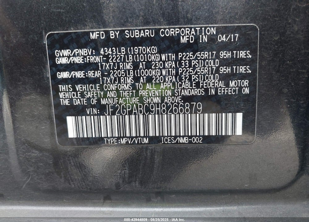 2017 SUBARU CROSSTREK VIN: JF2GPABC9H8266879