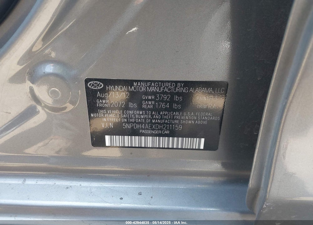 2013 HYUNDAI ELANTRA VIN: 5NPDH4AEXDH211159