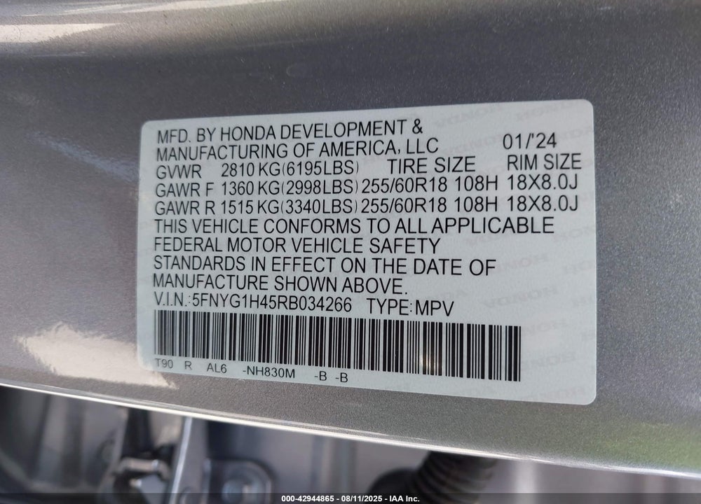 2024 HONDA PILOT VIN: 5FNYG1H45RB034266