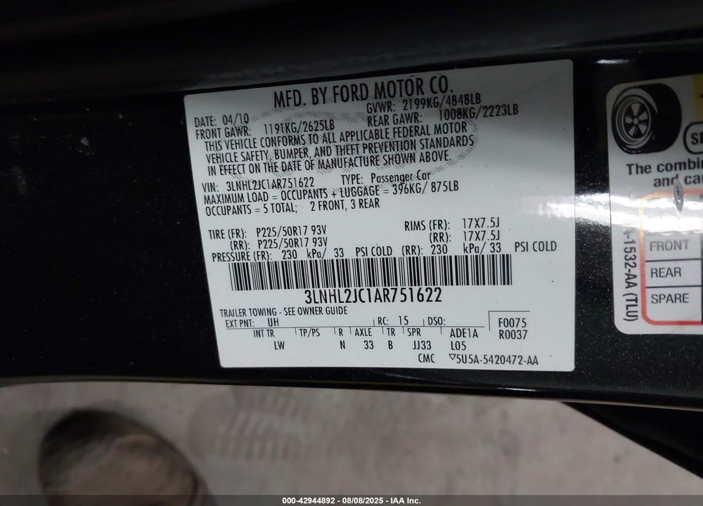 2010 LINCOLN MKZ VIN: 3LNHL2JC1AR751622