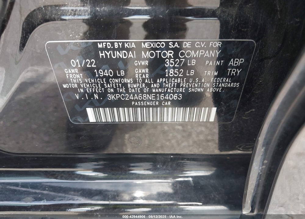 2022 HYUNDAI ACCENT VIN: 3KPC24A68NE164063