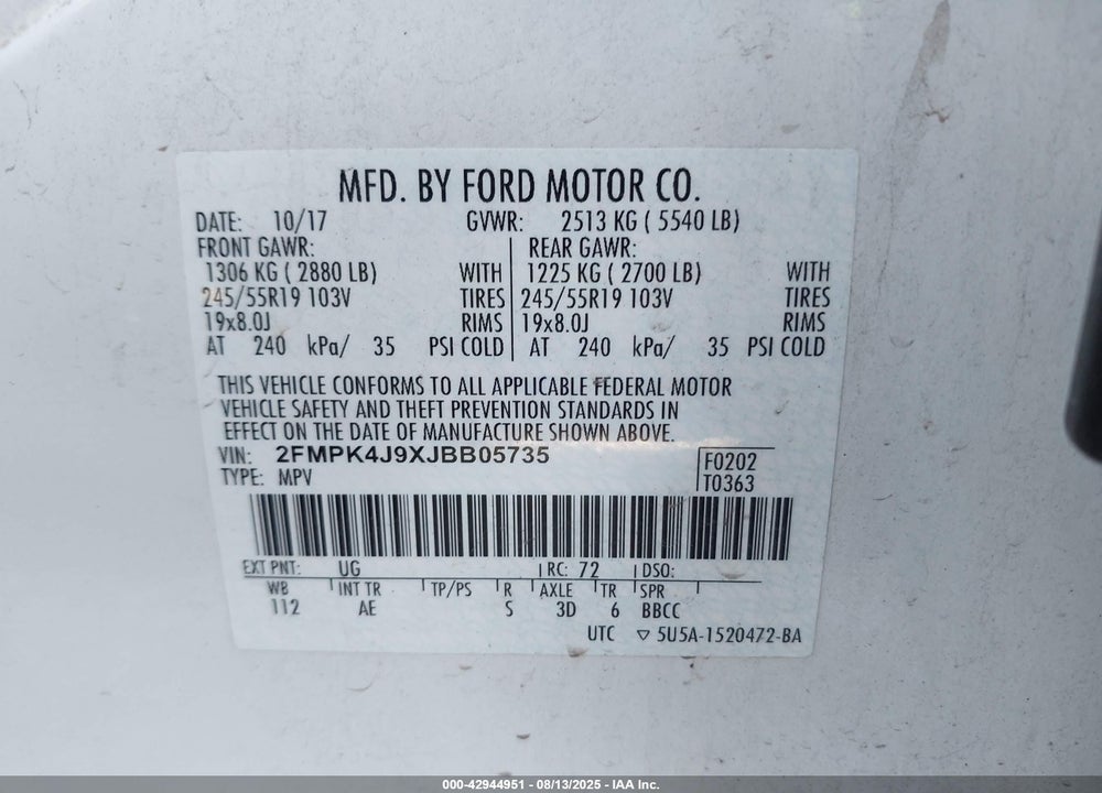2018 FORD EDGE SEL VIN: 2FMPK4J9XJBB05735