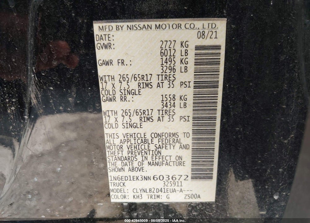 2022 NISSAN FRONTIER VIN: 1N6ED1EK3NN603672